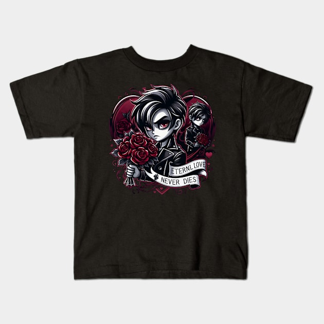 Gothic Heartbeat: 'Eternal Love Never Dies' Emblem Kids T-Shirt by WEARWORLD